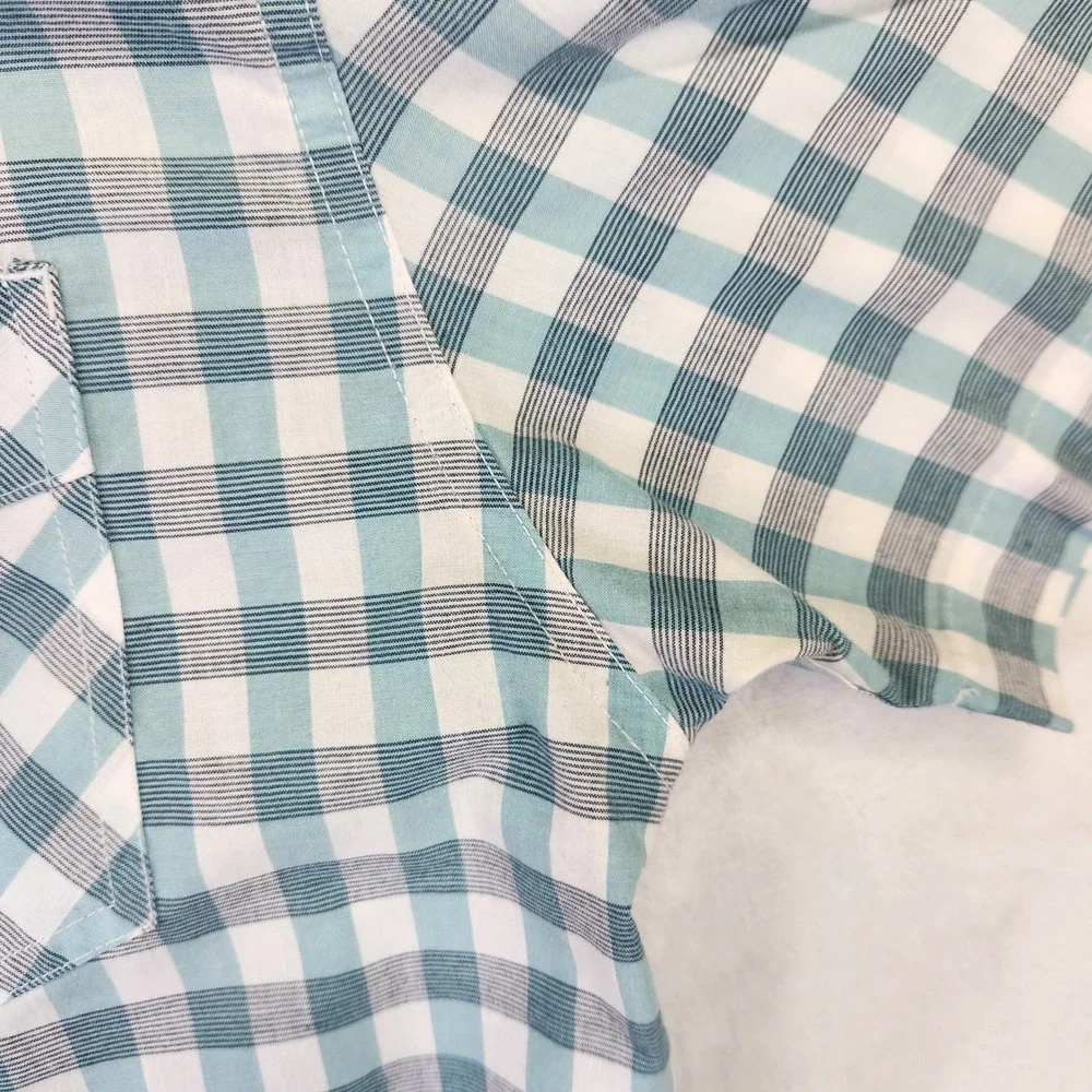Levis Mens Short Sleeve Button Down Shirt Teal White Gingham Plaid‎ Size M